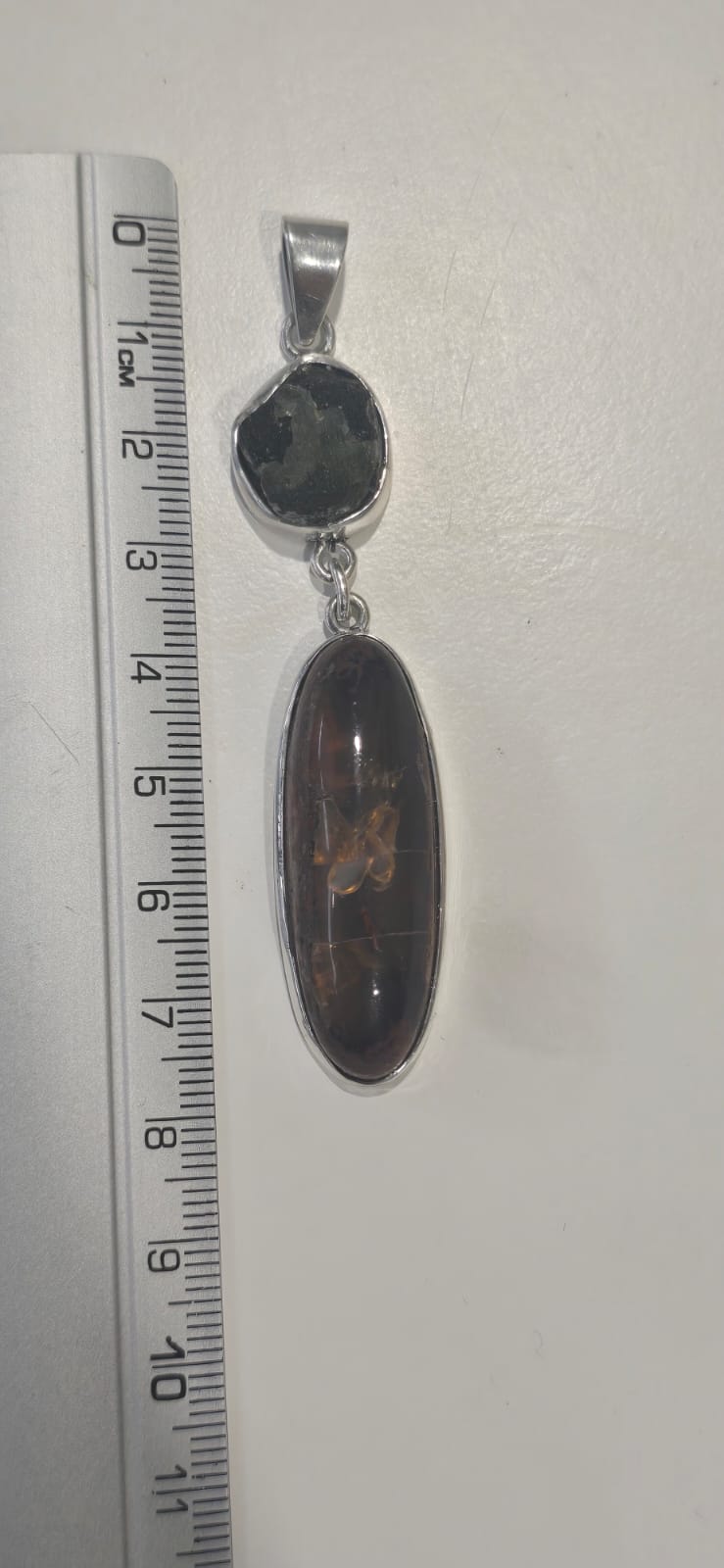 Dije en plata 9.25 con moldavita natural + Agatha de fuego